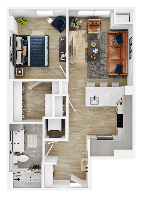 Floor plan for 1 bed, 1 bath, 656 sqft